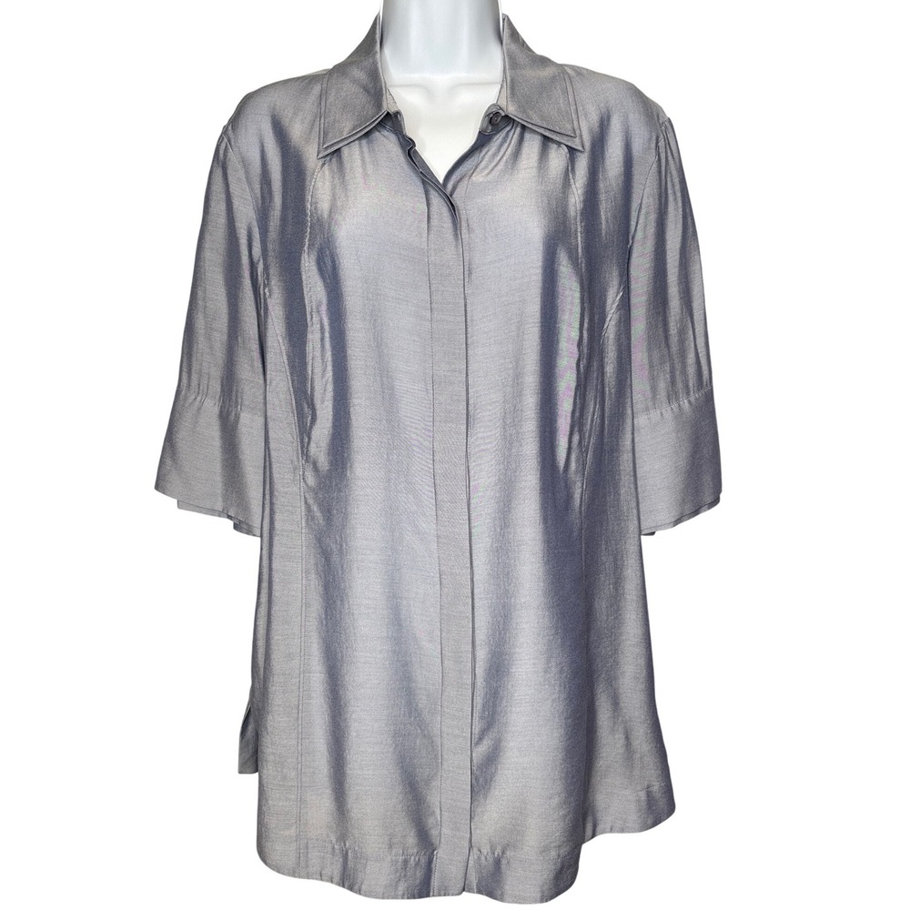 Hilton Hollis Womens Gray Satin Short Sleeve Button‎ Up Blouse Sz L Minimalist